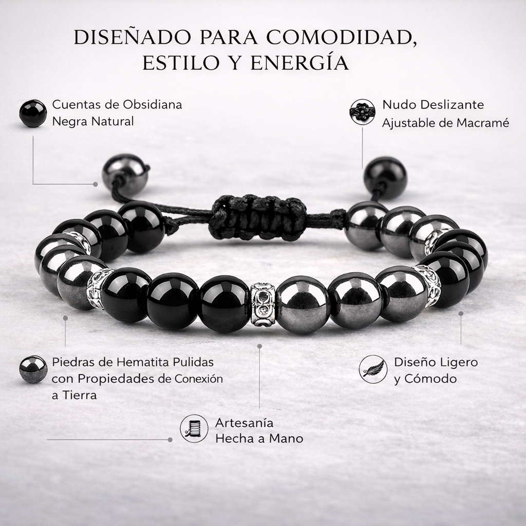 Pulsera energética de howlita y hematita naturales, con cuentas de cristal para el equilibrio, la protección y la calma.