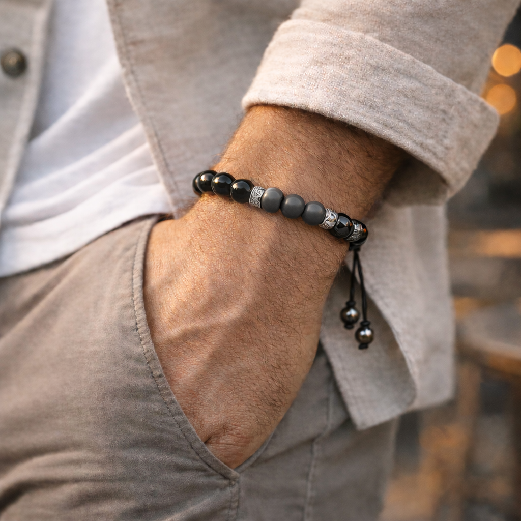 Pulsera energética de howlita y hematita naturales, con cuentas de cristal para el equilibrio, la protección y la calma.