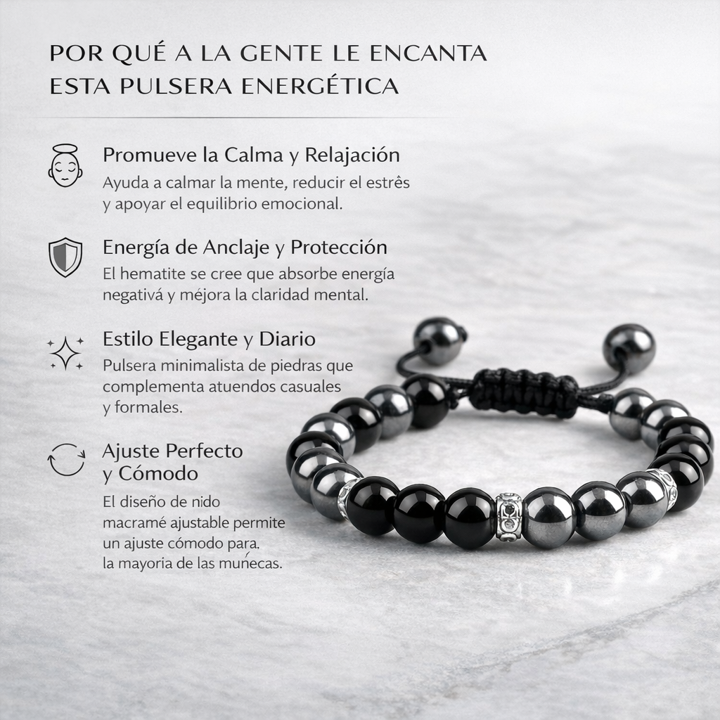 Pulsera energética de howlita y hematita naturales, con cuentas de cristal para el equilibrio, la protección y la calma.
