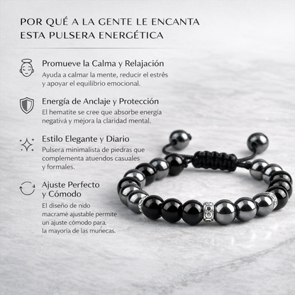 Pulsera energética de howlita y hematita naturales, con cuentas de cristal para el equilibrio, la protección y la calma.