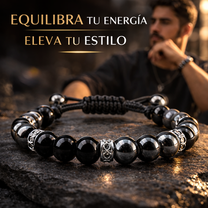 Pulsera energética de howlita y hematita naturales, con cuentas de cristal para el equilibrio, la protección y la calma.