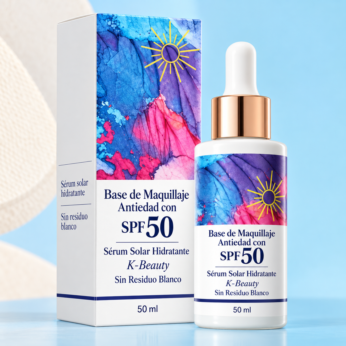 Base de Maquillaje Antiedad con SPF 50 – Sérum Solar Hidratante K-Beauty Sin Residuo Blanco