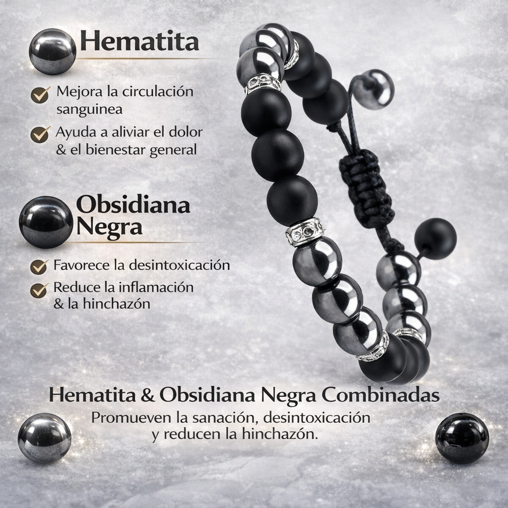 Pulsera energética de howlita y hematita naturales, con cuentas de cristal para el equilibrio, la protección y la calma.