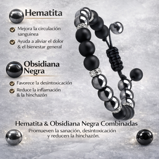 Pulsera energética de howlita y hematita naturales, con cuentas de cristal para el equilibrio, la protección y la calma.